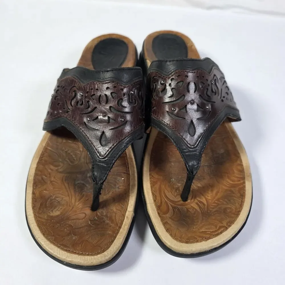 Ariat Womens Sandals Thong Flip Flop Size 9B Brown Leather Embossed Slip On
